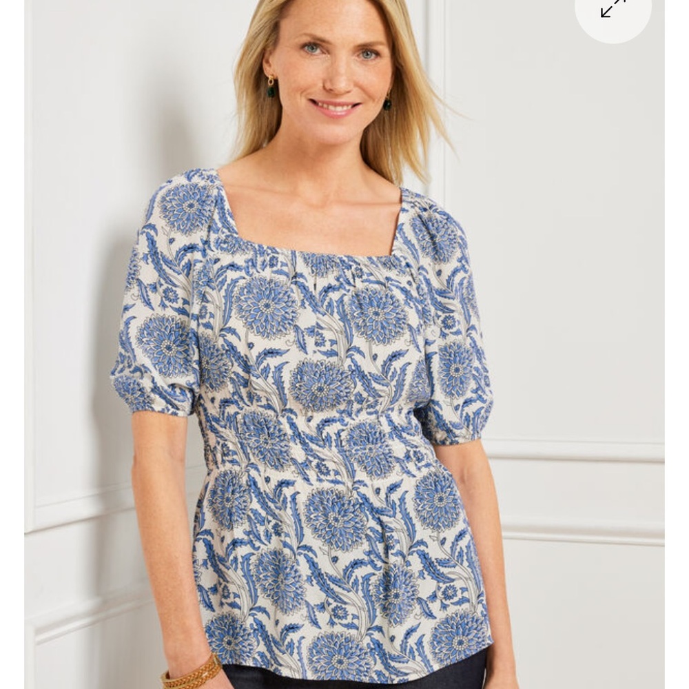 Talbots Chrysanthemum Trellis Smoked Floral Square-Neck Puff Sleeve Top Size: XL